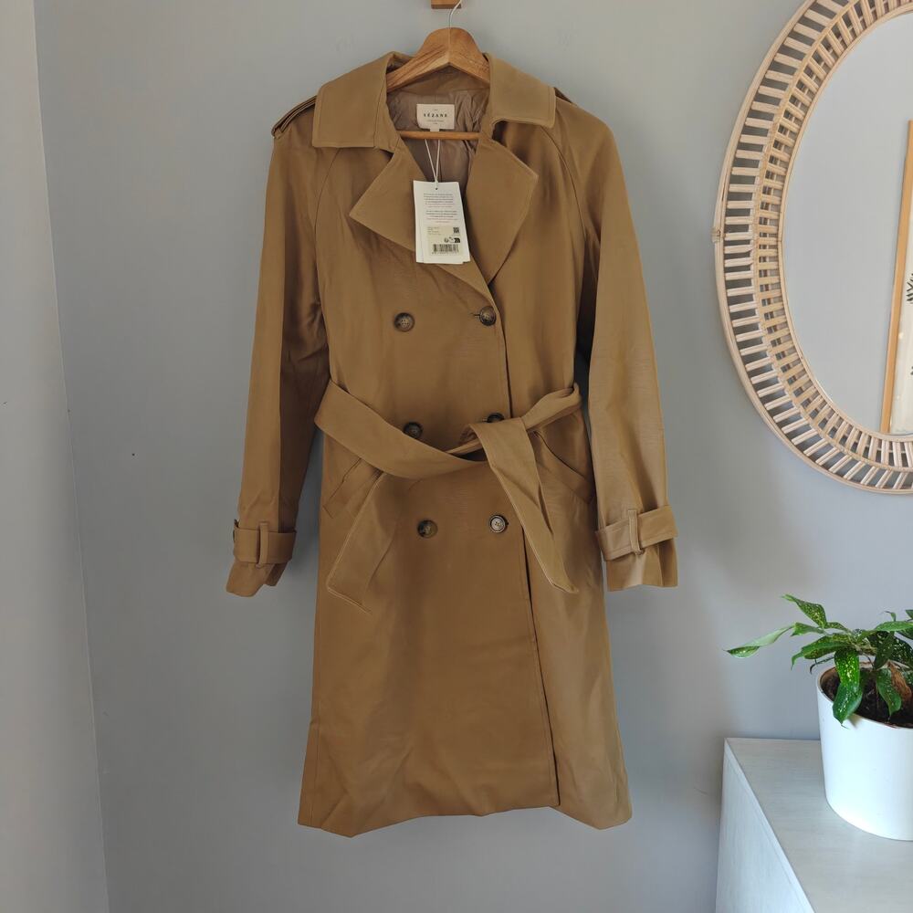 NWT Sézane Scott Trench Coat Camel Beige FR 32 US 0 Belted Classic Tan